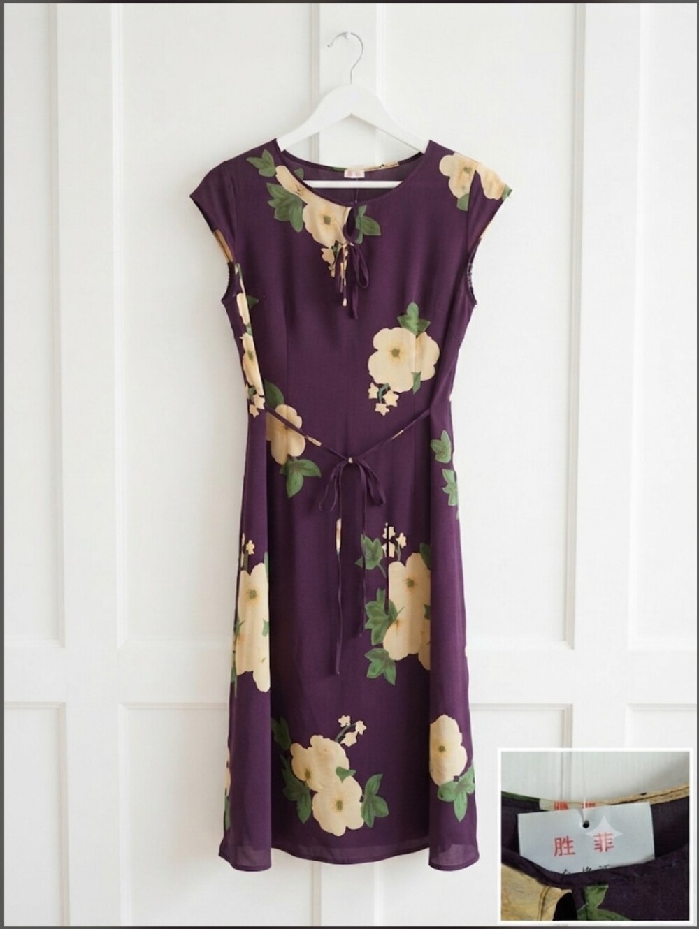 Elegant Plum Purple Floral Tie-Waist Keyhole Neckline Midi Dress 100% Silk